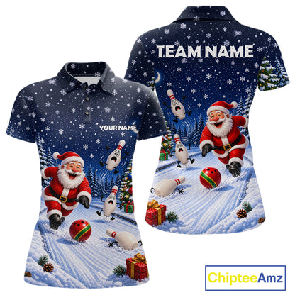 Bowling Pins Santa Christmas Polo Shirt Custom 1/4 Zipper Winter Snow Sports Team Jersey For Women NHT1833