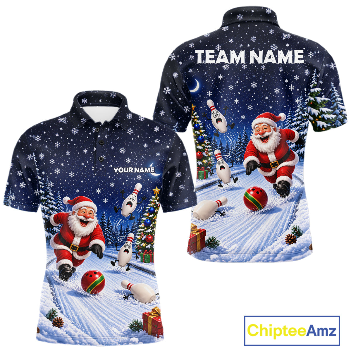 Bowling Pins Santa Christmas Polo Shirt Custom 1/4 Zipper Winter Snow Sports Team Jersey For Men NHT1833