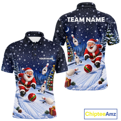 Bowling Pins Santa Christmas Polo Shirt Custom 1/4 Zipper Winter Snow Sports Team Jersey For Men NHT1833