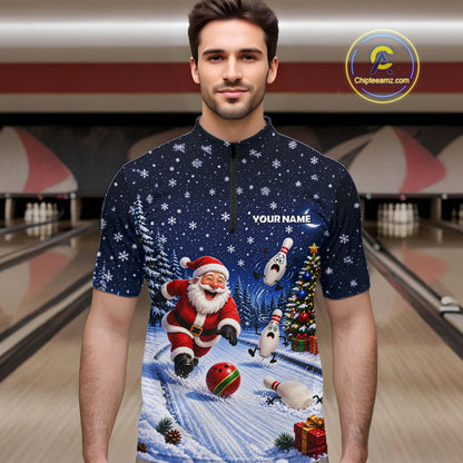 Bowling Pins Santa Christmas Polo Shirt Custom 1/4 Zipper Winter Snow Sports Team Jersey For Men NHT1833