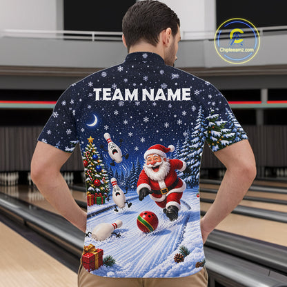 Bowling Pins Santa Christmas Polo Shirt Custom 1/4 Zipper Winter Snow Sports Team Jersey For Men NHT1833