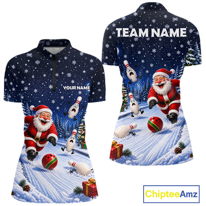 Bowling Pins Santa Christmas Polo Shirt Custom 1/4 Zipper Winter Snow Sports Team Jersey For Women NHT1833