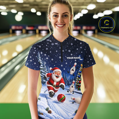 Bowling Pins Santa Christmas Polo Shirt Custom 1/4 Zipper Winter Snow Sports Team Jersey For Women NHT1833