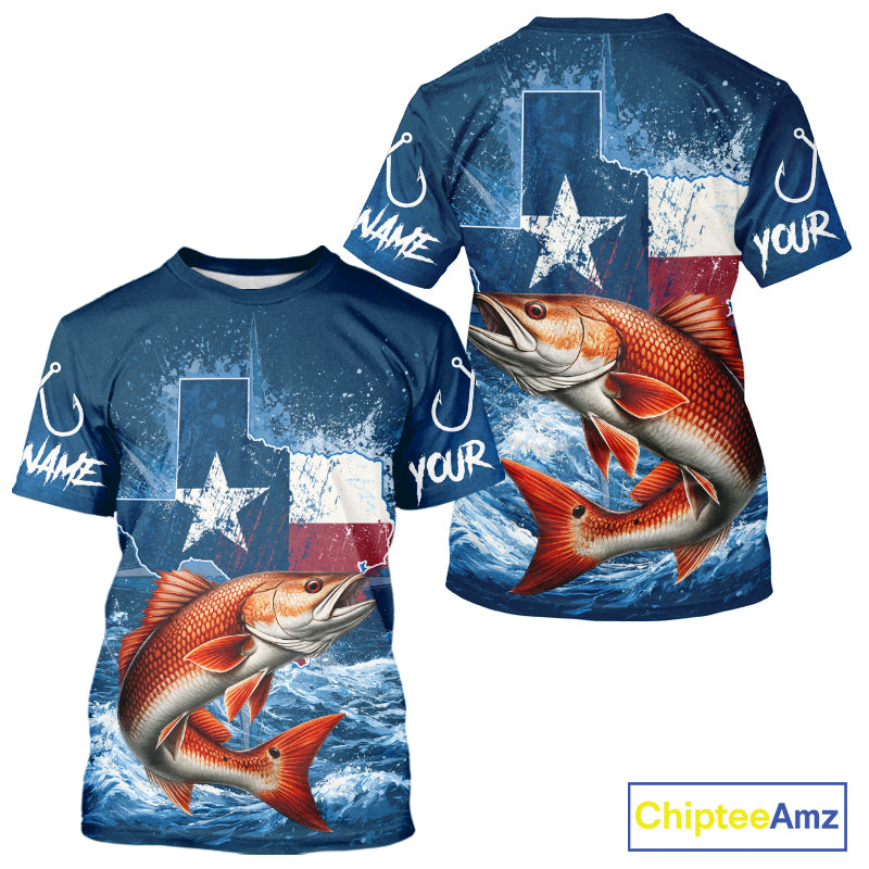 Texas Flag Redfish Fishing Jersey Short Sleeve Fishing T-Shirts , Saltwater Angler Gift For Men 