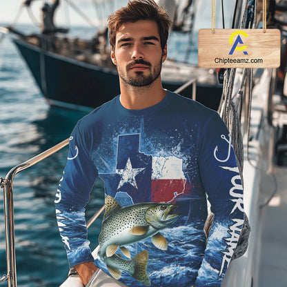 Texas Flag Speckled Trout Fishing Jersey Performance Fishing Shirt, Saltwater Angler Gift For Men 