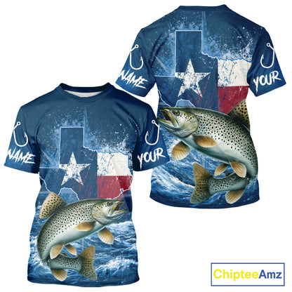 Texas Flag Speckled Trout Fishing Jersey Short Sleeve Fishing T-Shirts , Saltwater Angler Gift For Men 