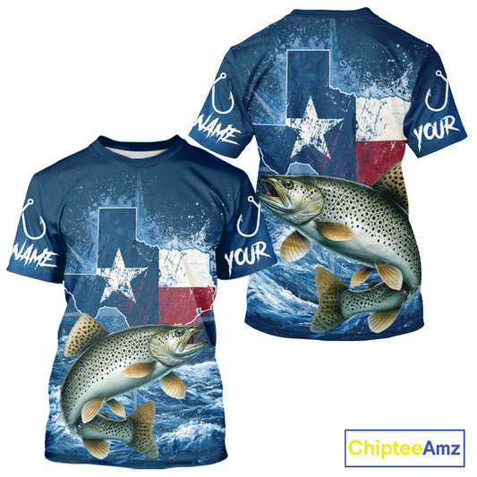 Texas Flag Speckled Trout Fishing Jersey Short Sleeve Fishing T-Shirts , Saltwater Angler Gift For Men 