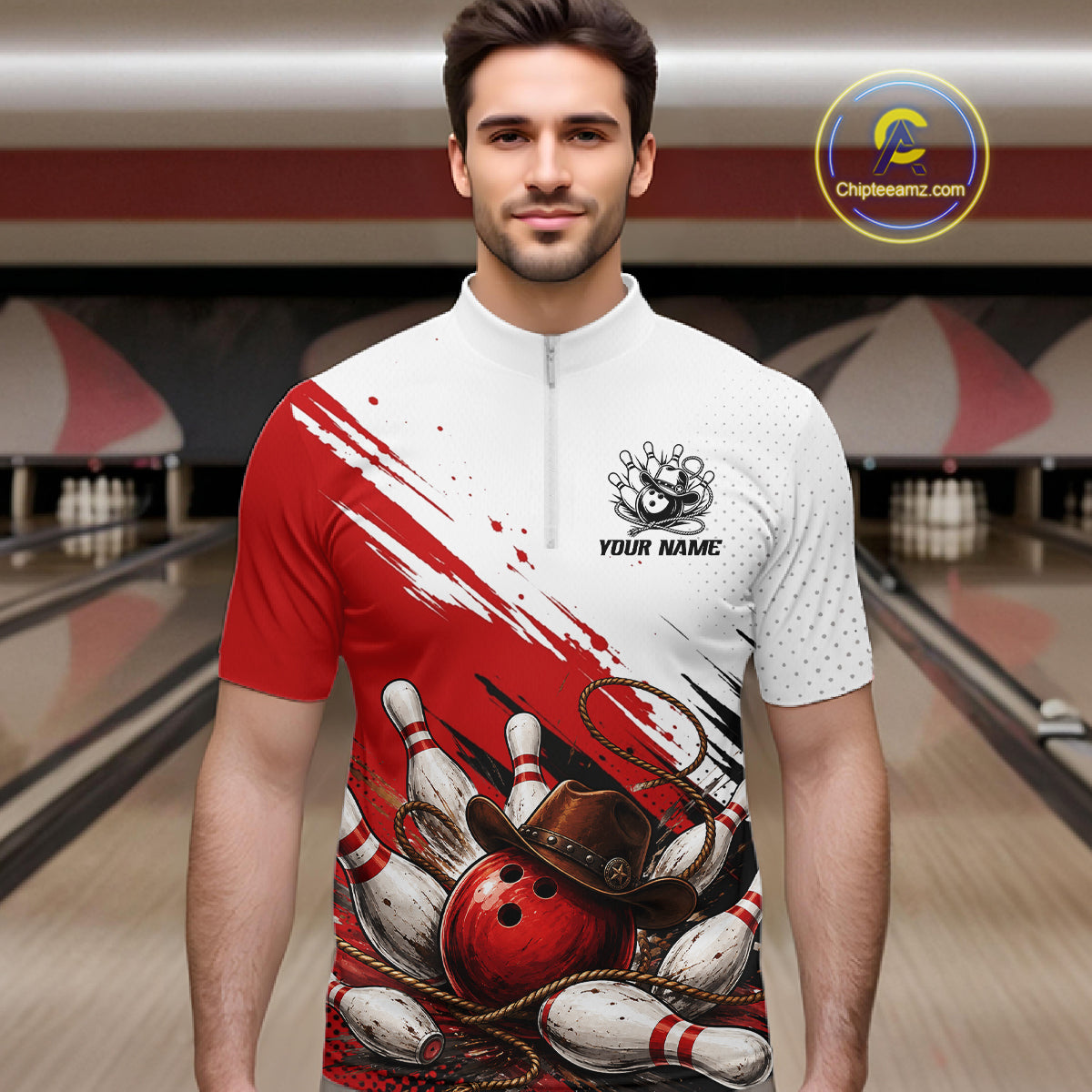 Cowboy Men Bowling Custom Name Polo Shirt, Personalized Team 1/4 Zip Bowling Jersey Gift|Red NHT1323