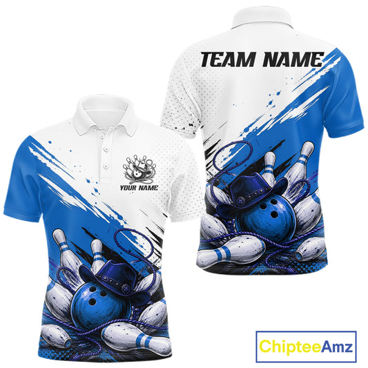 Front and back views of a customizable short-sleeve polo shirt featuring a blue and white bowling-themed graphic with bowling balls, pins, and a cowboy hat, on a white background with a ChipteeAmz logo in the bottom right.