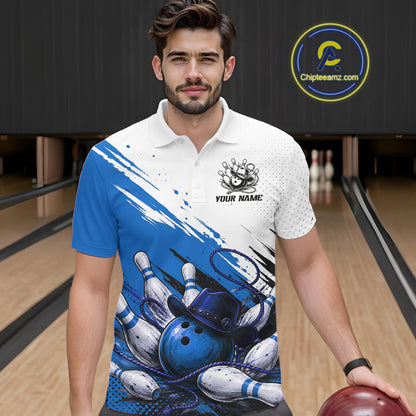 A man wearing a custom bowling-themed polo shirt with a blue and white graphic design featuring bowling pins and balls, set against a bowling alley background. 