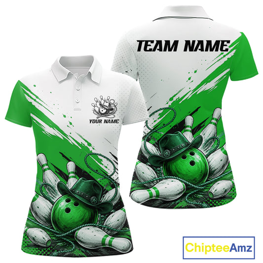 Front and back views of a custom short-sleeve polo shirt featuring a green and white bowling-themed graphic with bowling balls, pins, ropes, and cowboy hats. The front has a green left chest area, a white right chest area with a black bowling pin logo and 'YOUR NAME' text, and a white collar.