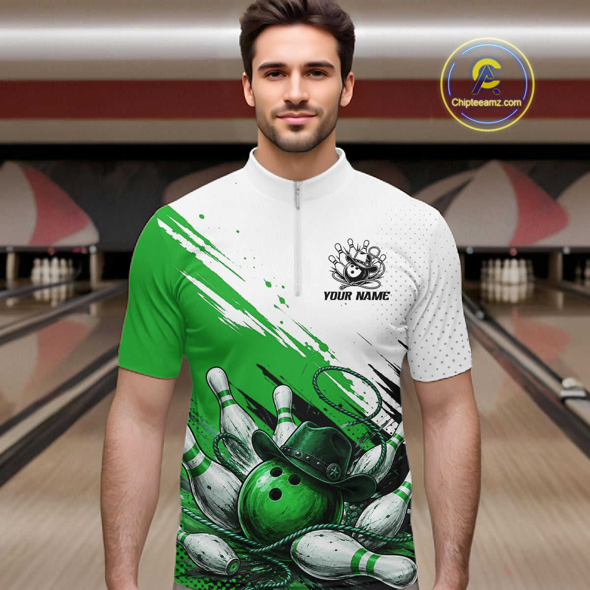 Cowboy Men Bowling Custom Name Polo Shirt, Personalized Team 1/4 Zip Bowling Jersey Gift|Green NHT1325