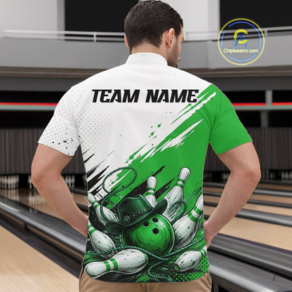 Cowboy Men Bowling Custom Name Polo Shirt, Personalized Team 1/4 Zip Bowling Jersey Gift|Green NHT1325