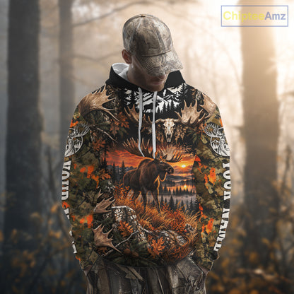 Personalized Moose Skull With Hunting Shirt Orange Camo Custom Name, Moose Hunting Clothes NHT1644