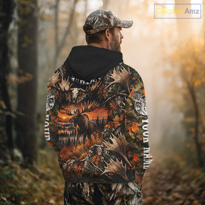 Personalized Moose Skull With Hunting Shirt Orange Camo Custom Name, Moose Hunting Clothes NHT1644