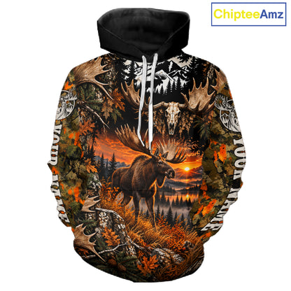 Personalized Moose Skull With Hunting Shirt Orange Camo Custom Name, Moose Hunting Clothes NHT1644