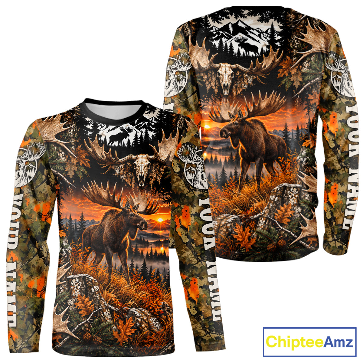Personalized Moose Skull With Hunting Shirt Orange Camo Custom Name, Moose Hunting Clothes NHT1644
