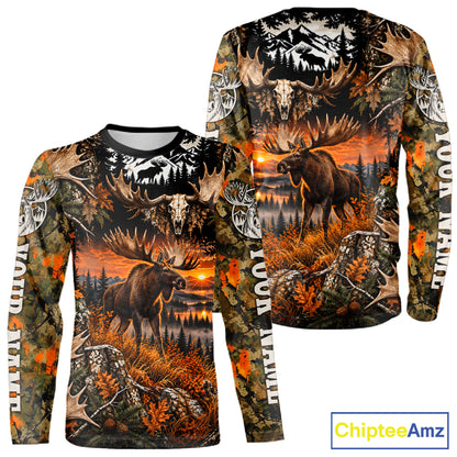 Personalized Moose Skull With Hunting Shirt Orange Camo Custom Name, Moose Hunting Clothes NHT1644