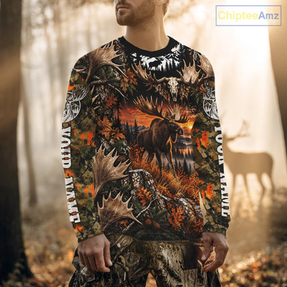 Personalized Moose Skull With Hunting Shirt Orange Camo Custom Name, Moose Hunting Clothes NHT1644