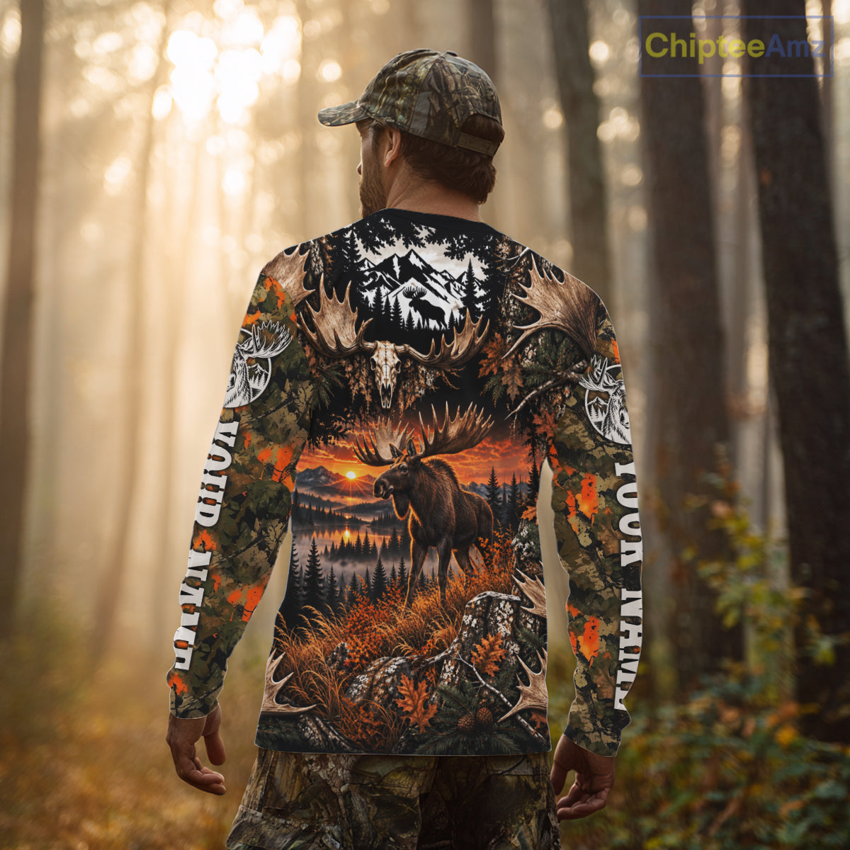 Personalized Moose Skull With Hunting Shirt Orange Camo Custom Name, Moose Hunting Clothes NHT1644