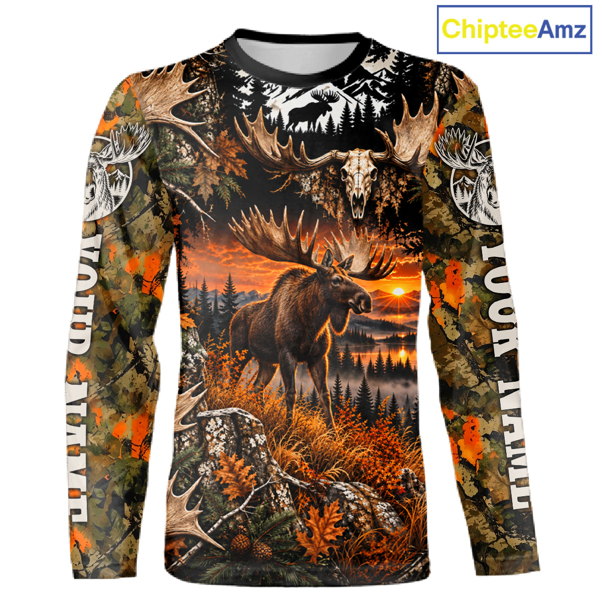 Personalized Moose Skull With Hunting Shirt Orange Camo Custom Name, Moose Hunting Clothes NHT1644