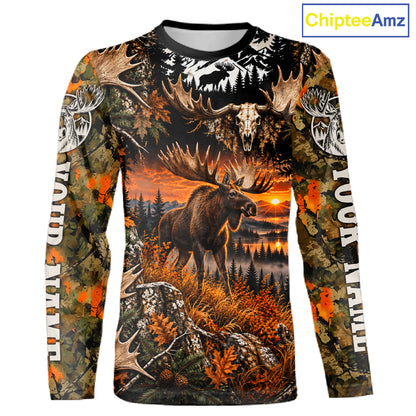 Personalized Moose Skull With Hunting Shirt Orange Camo Custom Name, Moose Hunting Clothes NHT1644