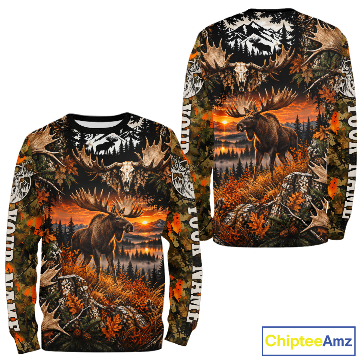 Personalized Moose Skull With Hunting Shirt Orange Camo Custom Name, Moose Hunting Clothes NHT1644