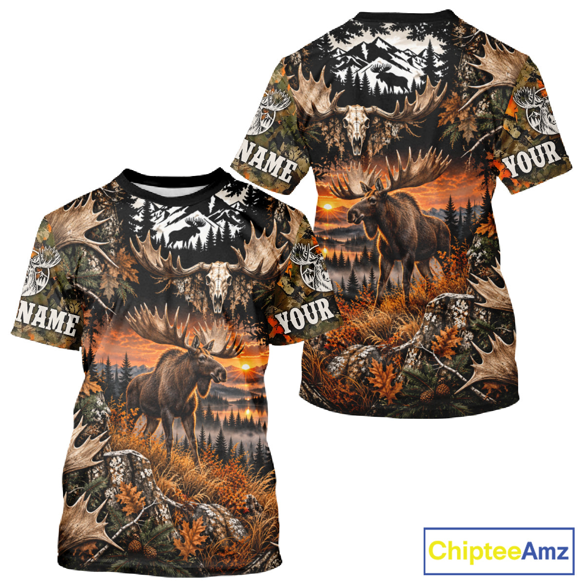 Personalized Moose Skull With Hunting Shirt Orange Camo Custom Name, Moose Hunting Clothes NHT1644
