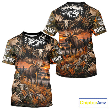 Personalized Moose Skull With Hunting Shirt Orange Camo Custom Name, Moose Hunting Clothes NHT1644