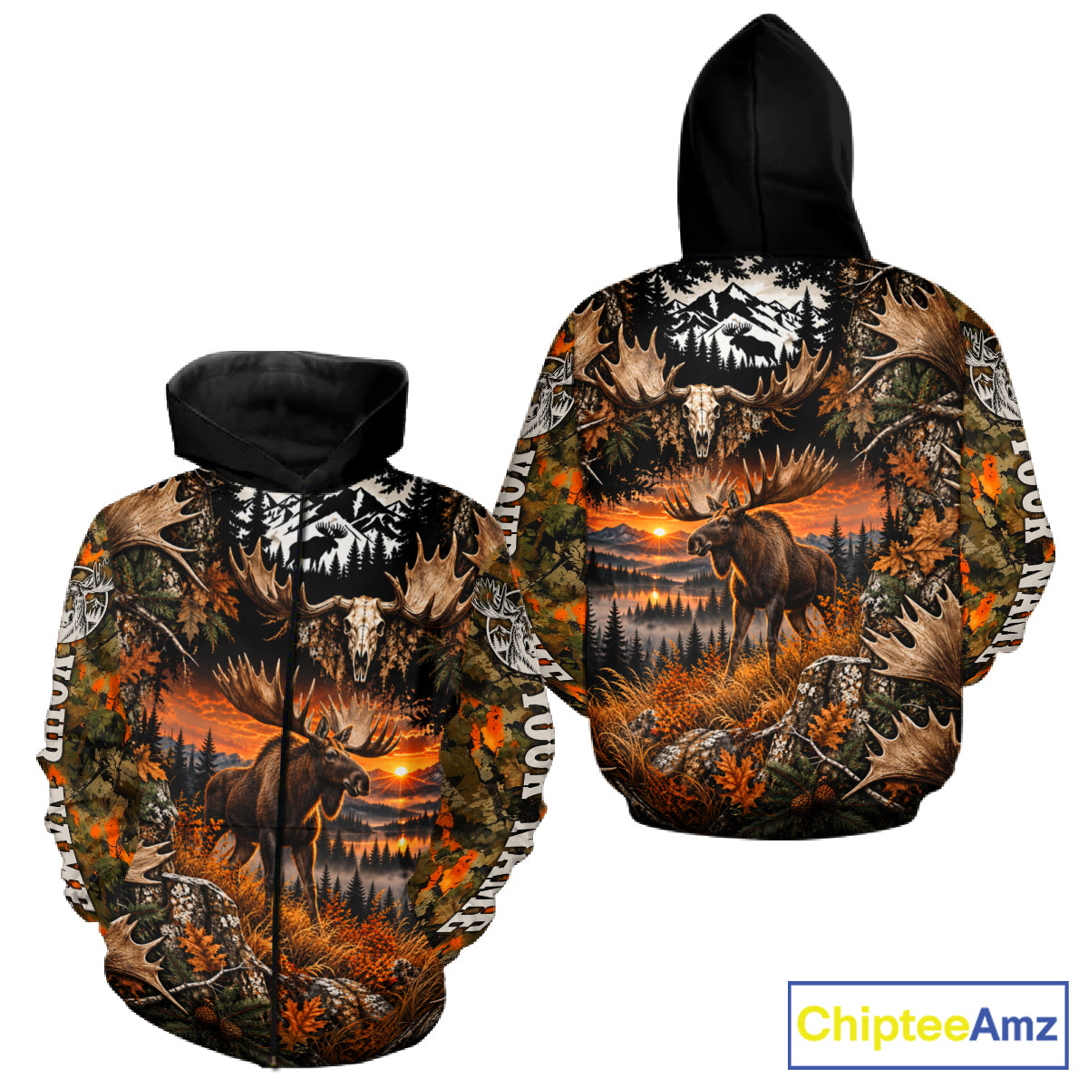 Personalized Moose Skull With Hunting Shirt Orange Camo Custom Name, Moose Hunting Clothes NHT1644