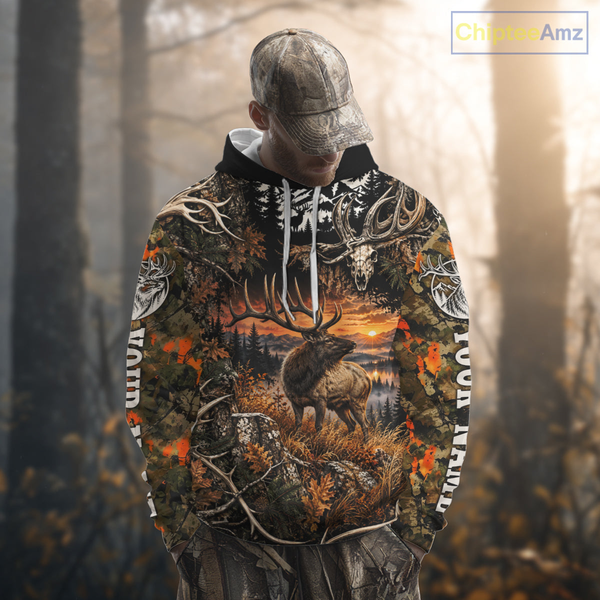 Personalized Elk Skull With Hunting Shirt Orange Camo Custom Name, Elk Hunting Clothes NHT1645