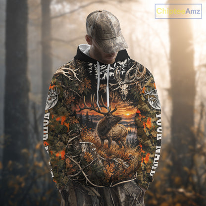 Personalized Elk Skull With Hunting Shirt Orange Camo Custom Name, Elk Hunting Clothes NHT1645