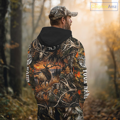 Personalized Elk Skull With Hunting Shirt Orange Camo Custom Name, Elk Hunting Clothes NHT1645