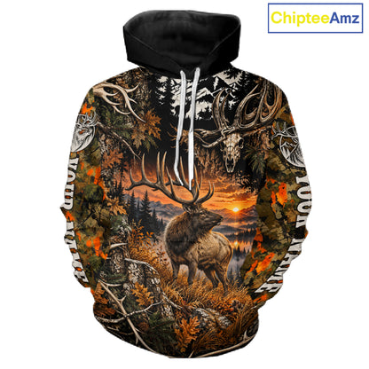 Personalized Elk Skull With Hunting Shirt Orange Camo Custom Name, Elk Hunting Clothes NHT1645