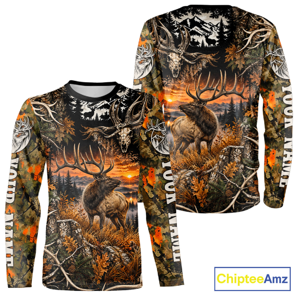 Personalized Elk Skull With Hunting Shirt Orange Camo Custom Name, Elk Hunting Clothes NHT1645