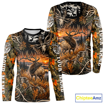 Personalized Elk Skull With Hunting Shirt Orange Camo Custom Name, Elk Hunting Clothes NHT1645