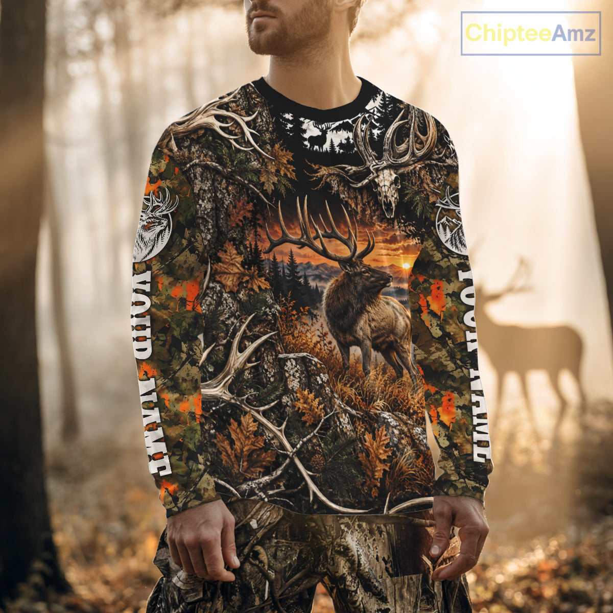 Personalized Elk Skull With Hunting Shirt Orange Camo Custom Name, Elk Hunting Clothes NHT1645