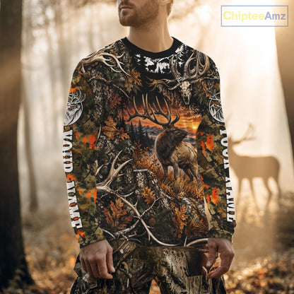 Personalized Elk Skull With Hunting Shirt Orange Camo Custom Name, Elk Hunting Clothes NHT1645