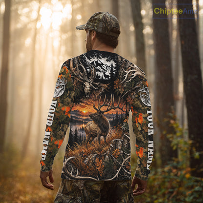 Personalized Elk Skull With Hunting Shirt Orange Camo Custom Name, Elk Hunting Clothes NHT1645