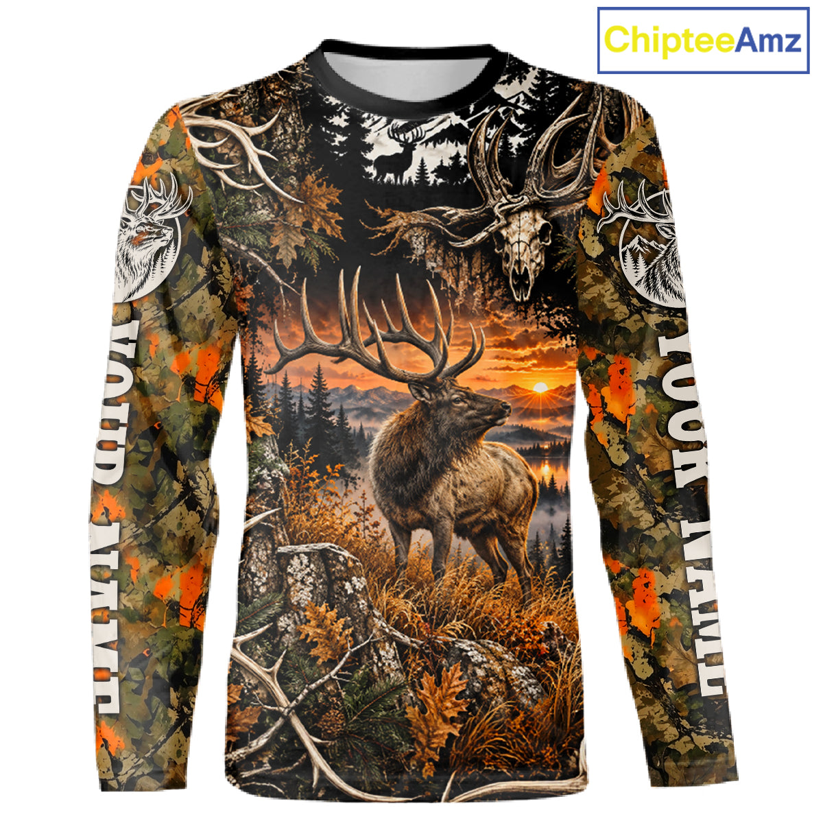 Personalized Elk Skull With Hunting Shirt Orange Camo Custom Name, Elk Hunting Clothes NHT1645