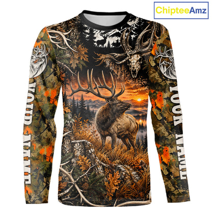 Personalized Elk Skull With Hunting Shirt Orange Camo Custom Name, Elk Hunting Clothes NHT1645