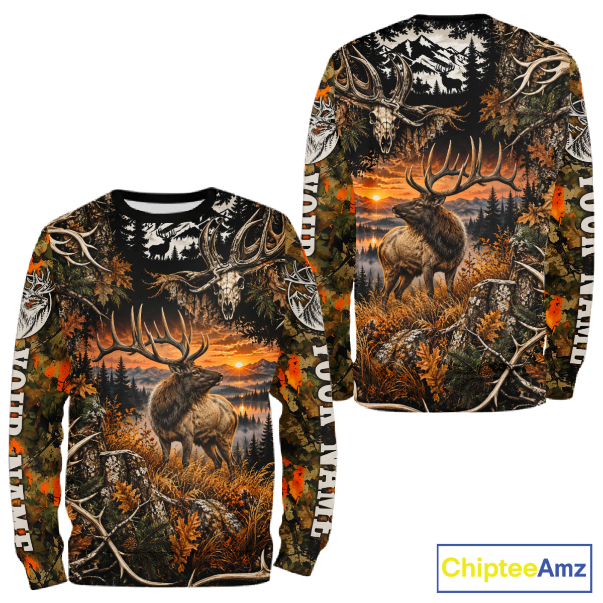 Personalized Elk Skull With Hunting Shirt Orange Camo Custom Name, Elk Hunting Clothes NHT1645
