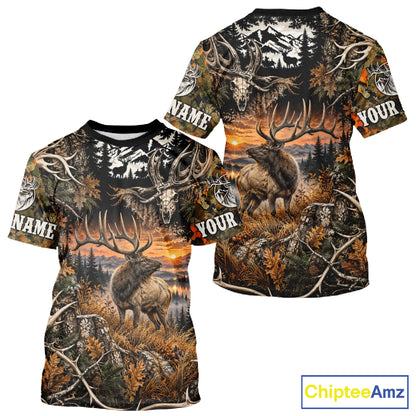 Personalized Elk Skull With Hunting Shirt Orange Camo Custom Name, Elk Hunting Clothes NHT1645