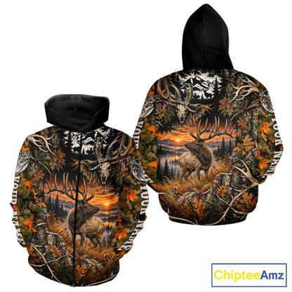 Personalized Elk Skull With Hunting Shirt Orange Camo Custom Name, Elk Hunting Clothes NHT1645