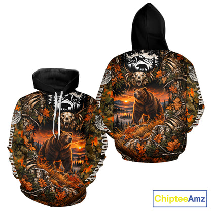Personalized Bear Skull With Hunting Shirt Orange Camo Custom Name, Bear Hunting Clothes NHT1646