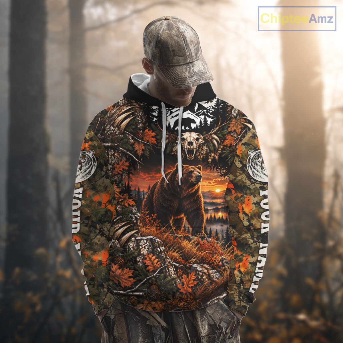 Personalized Bear Skull With Hunting Shirt Orange Camo Custom Name, Bear Hunting Clothes NHT1646