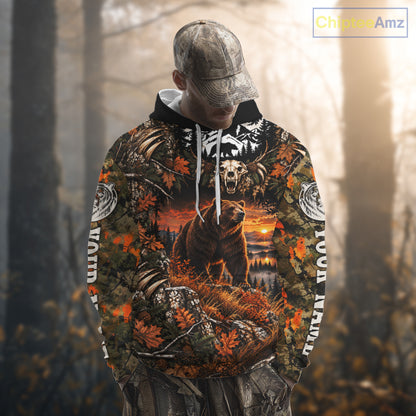 Personalized Bear Skull With Hunting Shirt Orange Camo Custom Name, Bear Hunting Clothes NHT1646