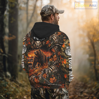 Personalized Bear Skull With Hunting Shirt Orange Camo Custom Name, Bear Hunting Clothes NHT1646