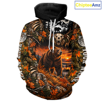 Personalized Bear Skull With Hunting Shirt Orange Camo Custom Name, Bear Hunting Clothes NHT1646