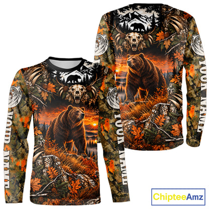 Personalized Bear Skull With Hunting Shirt Orange Camo Custom Name, Bear Hunting Clothes NHT1646
